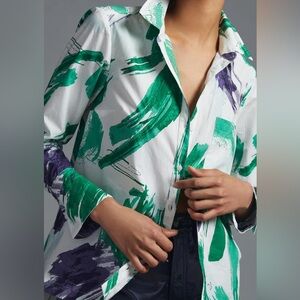 Maeve Anthropologie Printed Buttondown Shirt Top Cotton Long Sleeve M